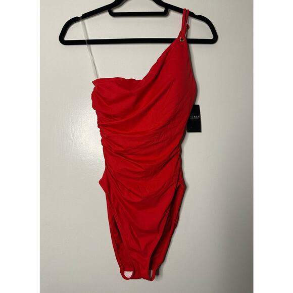 Lauren Ralph Lauren Women's Double-Strap One-Shoulder Red Swimsuit Size 8 NWT - Picture 2 of 13